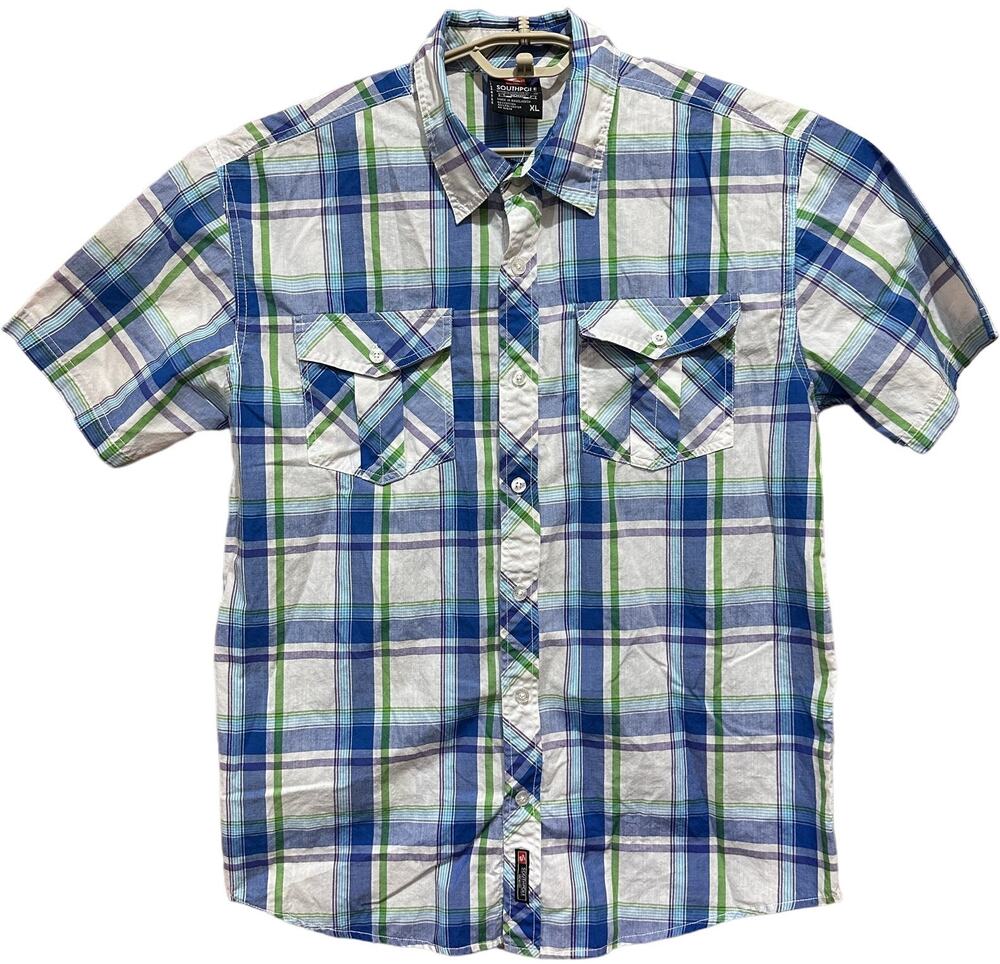 Southpole Shirt Mens Size XL Blue Green Plaid Button Up Short Sleeve Pockets Y2K